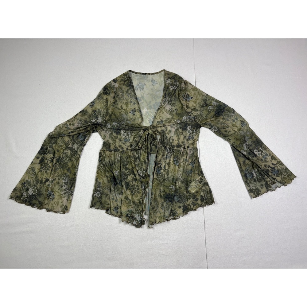 SHEIN Curve 0XL Olive Green Floral Paisley Mesh Tie Front Bell Sleeve Top